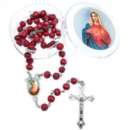 free rosary beads UK - Chains Free Ship 9pcs pack Rose Scented Perfume Rosary Necklace  Red Bead With Virgin Mary Center And Plastic Saint BoxChains