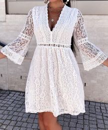 Casual Dresses Summer Women Lace Dress Sexy See-Through Deep V-Neck High Waist Hollow Out Mini Female Outfit Party ClubwearCasual