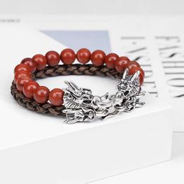 Beaded Strands 2pcs/lot Natural Stone Bracelet Red Dargon Charm Bracelets Set Energy Yoga Bangle For Men Women Jewellery Gift FriendBeaded