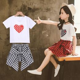 Clothing Sets Girls Clothes Set Heart T Shirt Plaid Skirt 2PCS For Summer Teenage Kids 4 5 7 9 11 13 Years OldClothing