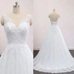 2022 Simple White Tulle A-Line Boho Wedding Dress Beaded Appliques Bridal Party Dress Summer Vestido De Novia Real Image