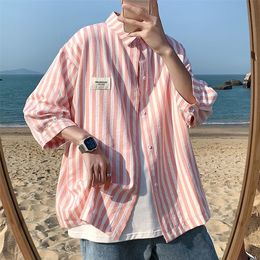 Privathinker Summer Pink Stripe Mens Shirts Half Sleeve Oversized Korean Clothing Casual Fashion Male Blouses Tops 220617