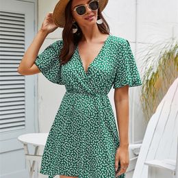 Sweet Floral Dress Boho Summer Dresses For Women Casual V-neck Ruffle Short Sleeve Green Red Blue Chiffon Mini Beach Vestidos 220514