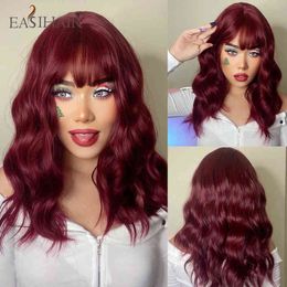 EASIHAIR Long Wavy Synthetic Wigs Burgundy with Bangs Silky Heat Resistant for Women Daily Party Cosplay 220525