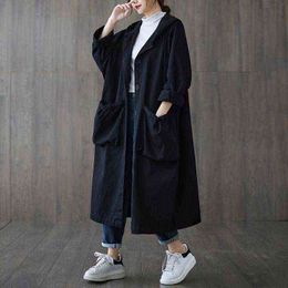 Women's Trench Coats 2021 Female Casual Loose Jackets Black Large Size Coat Women Big Pockets Autumn Long Hooded Windbreaker T220809