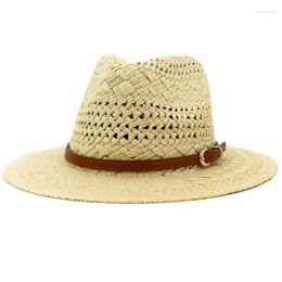 Wide Brim Hats HT3580 Straw Panama Hat Women Men Beach Cap UV Protect Jazz Fedora Leather Belt Crochet Summer Sun Eger22