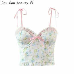 fashion summer sexy mesh stitching floral print camis short vest bottoming crop tops for women 220316