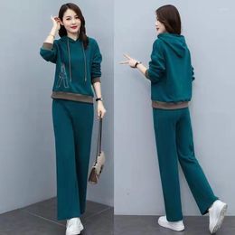 Women's Two Piece Pants Autumn And Winter 2022 Korean Casual Sports Suit Plus Size Fashion Loose Hooded Sweater Wide Leg Set