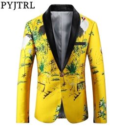 PYJTRL Men Luxurious Jacquard Yellow Gold Slim Fit Blazers Chinese Style Fashion Casual Suit Jacket Signers Clothing 201104