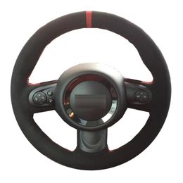 Steering Wheel Covers Black Suede Red Marker Hand-stitched Car Cover For Mini Coupe Cooper Clubman Roadster 2004-2022Steering