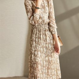 VIMLY Floral Dress for Women Slim Waist Long Sleeve Midi Dresses Spring Summer Chiffon Vintage Pleated Vestido Female F8856 220516