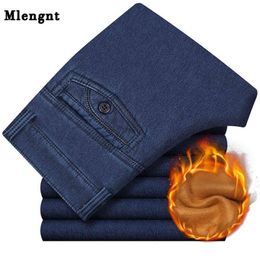 Big Size Classic Business Jeans For Men Autumn Winter Male Casual High Quality Thick Fleece Warm Elastic Denim Pants Size 30 44 210330