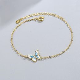 Link Chain Exquisite Blue Butterfly Pendant Gold Colour Female Bangles Tiny Zirconia Crystal Stone Charm Bracelets For Women Rodn22