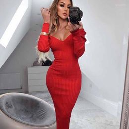 Casual Dresses ERDAOBEN Red Yellow Bodycon Dress Knee Length Women Sexy Club Long Sleeve Autum Female Off Shoulder BH6303