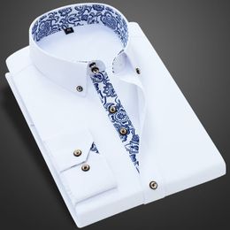 Men's Casual Shirts Blue-and-white Porcelain Collar Shirt Men Long Sleeve Korean SlimFit Casual Business Dress Shirts Solid Color White Shirt Cotton 230206