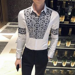 Men's Casual Shirts British Style Black/White Stylish Print Long Sleeve For Men Clothing 2022 Slim Fit Club/Prom/Streetwear Tuxedo 3XLMen's