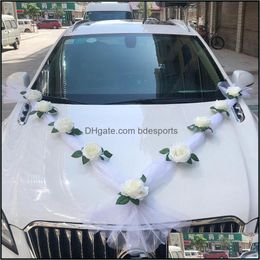 Decorative Flowers Wreaths Festive Party Supplies Home Garden 2Pcs 160Cm Diy Artificial White Wedding Car Decor Door Handle Ribbons Silk C