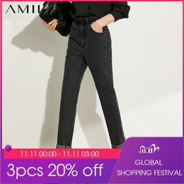 AMII Minimalism Summer Autumn Fashion Women Jeans Causal Cotton Black High Waist Straight Ankel-length Female Jeans 12040026 201109