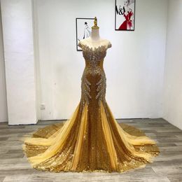 Gold Mermaid Evening Dress High Jewel Neck Evening Dress Puffy Sleeveless Design Floor Length Sequins Beaded Custom Made Straight Prom Dresses Plus Size