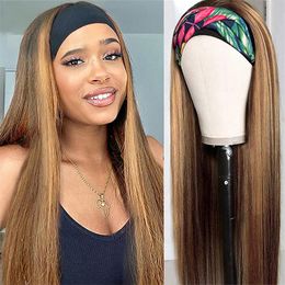 Highlight Ombre Coloured Long Straight Human Hair Wigs With Headband For Black Women 150% Density