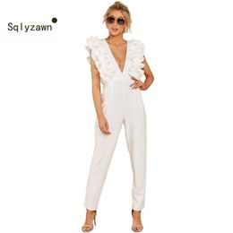 Elegant White Ruffles Jumpsuit for Women Sexy V Neck Sleeveless Backless Jumpsuit Party Overalls Female Summer Pants 210709