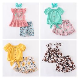 Girlymax Summer Baby Girls Children Clothes Shorts Set Leopard Cow Floral Outfits Ruffles Boutique Kids Clothing 220507