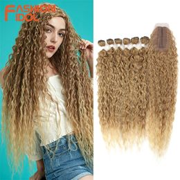 synthetic curly hair extensions weave UK - Synthetic Fake Hair Extensions Afro Kinky Curly Hair Bundles With Closure Ombre Golden 30 inch Soft Super Long Wave Hair Weave 220622