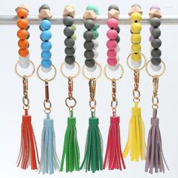 Keychains 1Piece Round Leather Tassel Bracelet Keychain Wood Beads Wrist Strap For Women Keys Pu Keyring Jewellery Gifts Miri22