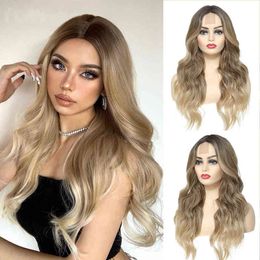 U.shine Ombre Brown Light Blonde Platinum Long Wavy Middle Part Hair Wig Cosplay Natural Heat Resistant Synthetic for Women 220622