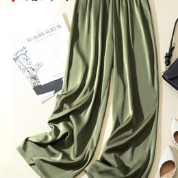 Summer Womens Pants Silk Satin Loose Casual Solid Colour Trousers High Waist Elegant Wide Leg Pants for Women 220704