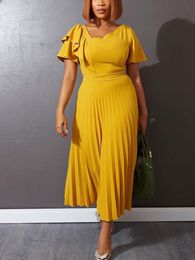 Casual Dresses Women Pleated Midi Short Sleeve Ruffles Elegant Green Yellow A Line Spring Summer Chic Fashion Gown Party Birthday RobesCasua
