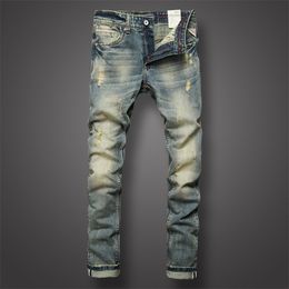 Italian Style Fashion Mens Jeans Retro Design Slim Fit Denim Ripped Jeans Mens Pants Brand Clothing Nostalgia Colour Biker Jeans T200614