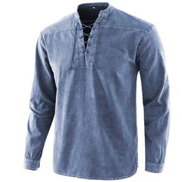 Men Long Sleeve Casual T Shirts Vintage Middle Ages Retro Lace-up V-Neck Costumes Banded Collar Tops Plus Size