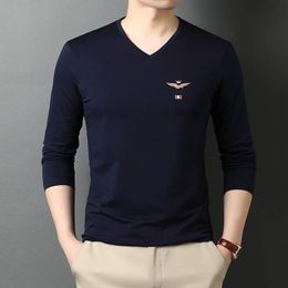 Men's T-Shirts Top Quality Fashion Brand Plain V Neck Long Sleeve T Shirt Men Cotton Black 95% 5% Spandex Casual Clothes 2022Men's