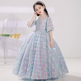 2022 sequined Vintage Flower Girl Dresses Baby Infant Toddler Baptism Clothes Satin Ball Gowns pageant Birthday Party Dress Custom Made Puff Sleeve With Tail