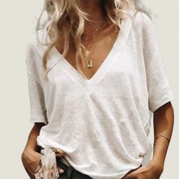 S-5XL Summer Solid T Shirt Ladies Sexy V Neck Short Sleeve Tshirt Casual Loose Basic Black White T-Shirt Tee Tops for Women 220408