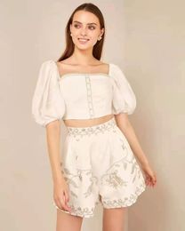 2022 spring summerEuropean and American Two Piece Dress fashion brand silk cotton exquisite sketch Beaded women's blouse and shorts two-piece set