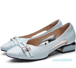 Fashion-Dress Shoes Soft Microfiber Leather Pumps Women Spring High Heels Comfortable Sky Blue Buckle Woman