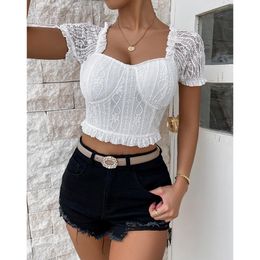 Women's T-Shirt Women Summer White Floral Lace Sheer Short Sleeve Tie-up Open Back Crop Tops Low-Cut Slim Ruffle Hem PulloversWomen's