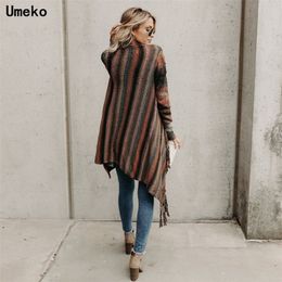 Umeko Autumn Women's Irregular Rainbow Striped Print Sweater Knit Sweater Women Long Sleeve Cape Casual Plus Size Sweater 201203