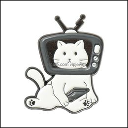 Pins Brooches Jewellery Black White Tv Cat Brooch Unisex Cartoon Bear Recycling Bin Clothes Badges Lapel Pins European Alloy Animal Enamel Ba