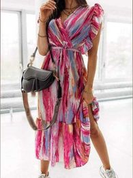 Casual Dresses Sexy V Neck Wrap Lace-Up Chiffon Party Dress Summer Vintage Printed Ruffle Long Women Fashion Butterfly Sleeve Midi