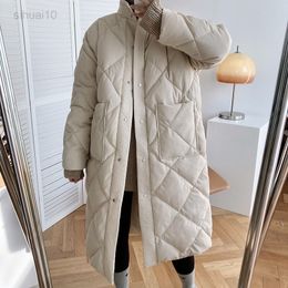 2021 Winter New Korean Style Long Cotton Quilted Jacket Women Casual Stand-Up Collar Argyle Pattern Oversized Parka Chic Jacket L220725