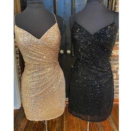 Party Dresses Sexy Homecoming For Woman Champagne Black Shiny Sequins V Neck Suspenders Above Knee Mini Dress Evening Gowns 2022Party