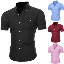 Men's Dress Shirts Fashion Men Shirt Summer Solid Colour Buttons Down Short Sleeve Cotton High Quality Slim-Fit Lapel Tops For BusinessMen's