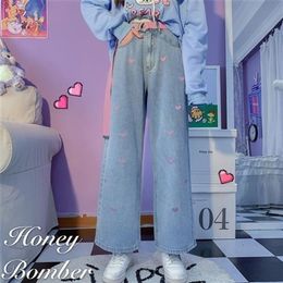 Favour Vintage Woman Jeans Winter Fashion Embroidery Wide Leg Pants Loose Casual Sweatshirt High Waist Baggy Jeans Women 210302