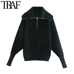 TRAF Women Fashion Ribbed Trim Loose Knitted Zip-up Sweaters Vintage High Collar Long Sleeve Female Pullovers Chic Tops 201223