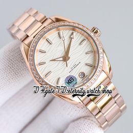 RWF Aqua Terra 150M A8800 Automatic Womens Watch 220.55.34.20.55.001 34MM White Embossed Wave Pattern Dial Diamond Bezel Rose Gold Stainless Bracelet Eternity Watches