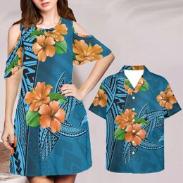 Noisydesigns Dresses 4XL Women Off The Shoulder Ropa And Men Fitted Shirt Blue Hibiscus Plumeria Clothes Vestidos Dropship 220627