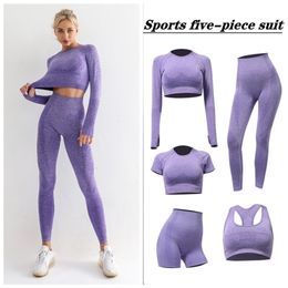 Seamless Women yoga set Workout Gym Long Sleeve Fitness Crop Top High Waist Leggings Sport Clothing Suits 220330